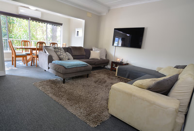 Large lounge with Library cabinet, smart TV with Chrome Cast connected to NBN network
